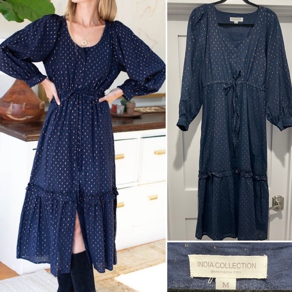 NWOT Med India Collection Emerson Fry woman’s dress Navy Gold cotton - Picture 2 of 5